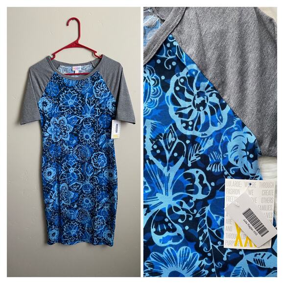 NWT Lularoe Blue Floral With Gray Raglan Sleeves Julia Pencil Dress- Size XXS - Picture 2 of 3